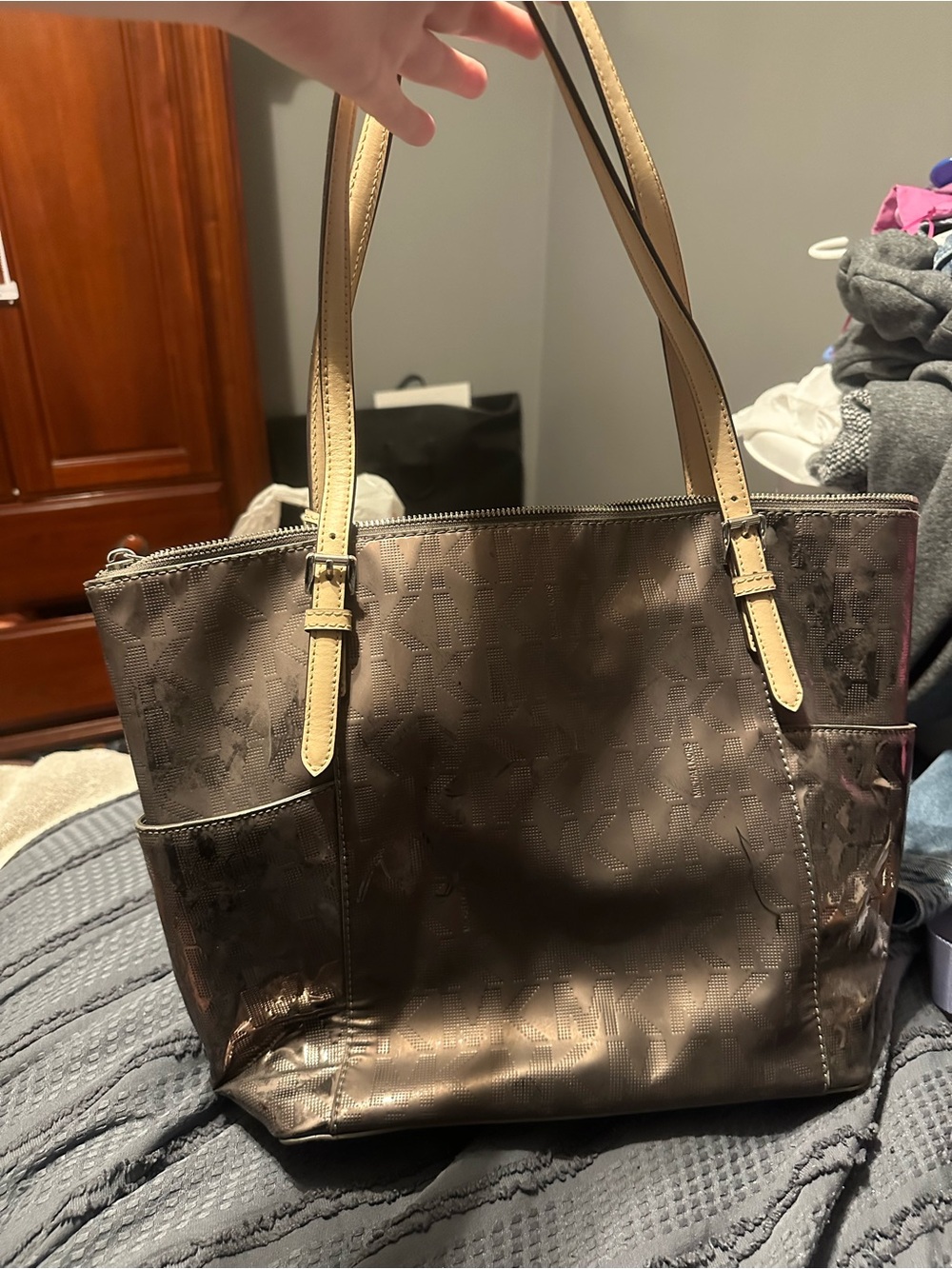 Michael Kors Brown Logo-Print Tote with Tan Straps